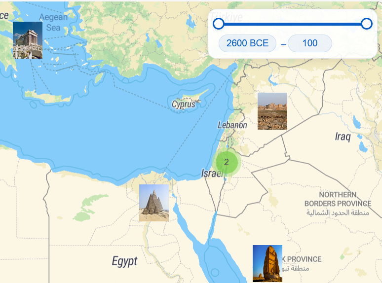 Demo map: Interactive historical map showing UNESCO World Heritage Sites across the Mediterranean and Middle East